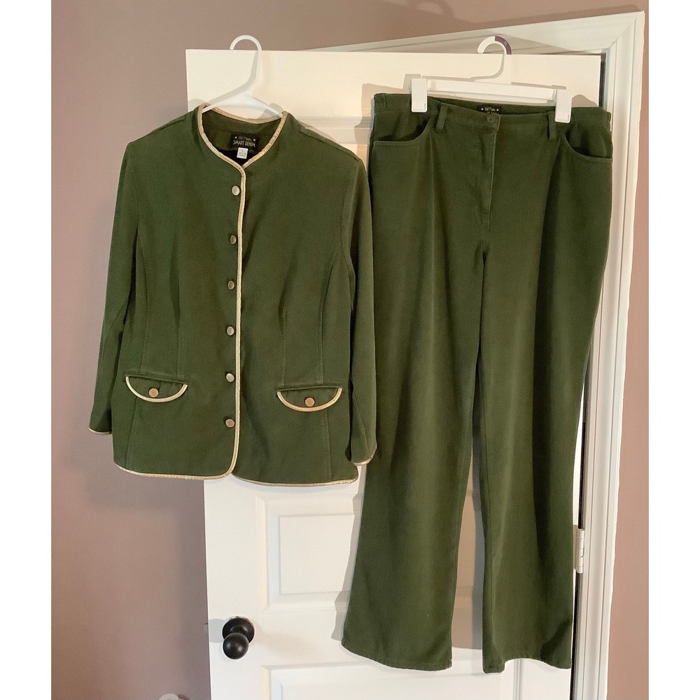 Bob Mackie Smart Denim 2-Pc Suit Green Gold Piping Jacket Pants Set Women's L